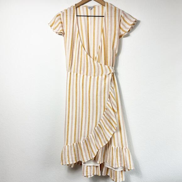 RAILS WOMENS LINEN BLEND AMBER STRIPED MINI DRESS SIZE MEDIUM YELLOW WHITE - Picture 2 of 6